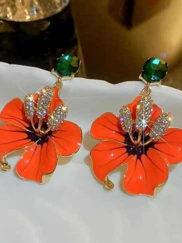 Orange Enamel Flowers Drop Earrings - Stylord