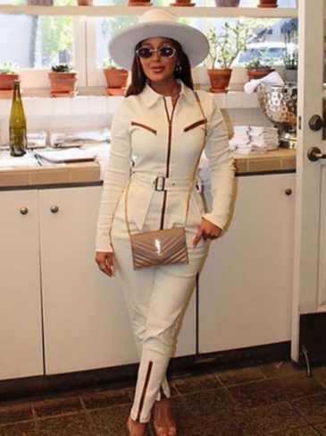 Over Zipper Solid Long Sleeve Khaki Jumpsuit - m Stylord