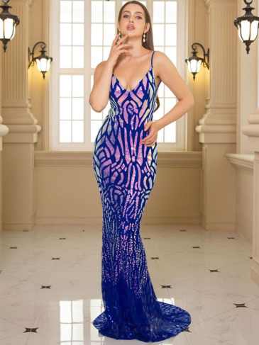 Padded Geometric Stretch Sequin Evening Maxi Dress - Rent / Blue s Stylord