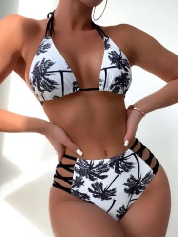 Palm Tree Print Cross Bikini Swimsuit - White / s Stylord