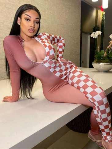 Patchwork Long Sleeve Plaid Jumpsuit - Pink / s Stylord