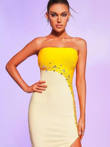 Patchwork Luxury Bandage Evening Midi Dress - Yellow / s Stylord