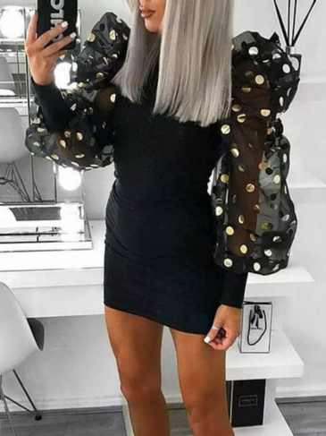 Patchwork Mesh Lantern Sleeve Mini Dress - Black / s Stylord