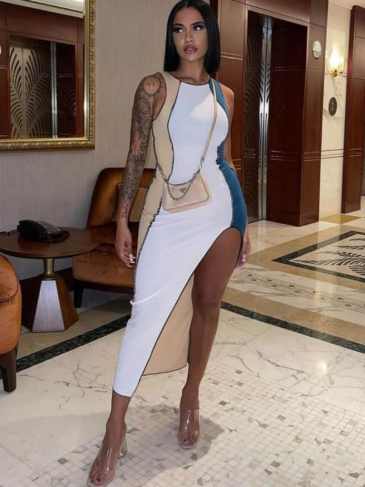 Patchwork Rib Knit Sleeveless Maxi Dress - White / s Stylord