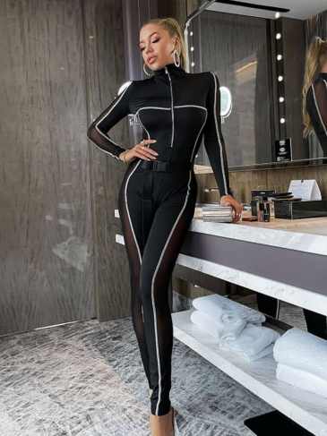 Patchwork Sexy Bodycon With Belt Jumpsuit - Black / s Stylord
