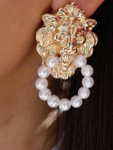 Pearl Tiger Head Fashion Earrings - Gold Stylord