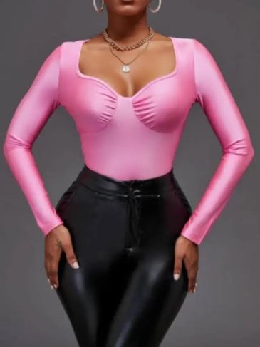 Pink Ruched Fitted Long Sleeve Top - s Stylord