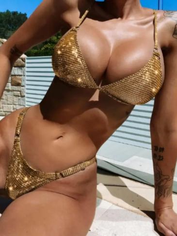 Plaid Ring Linked Bikini Swimsuit - Gold / s Stylord