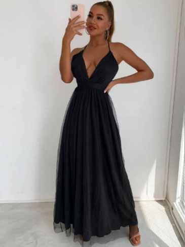 Plunging Neck Crisscross Back Mesh Cami Prom Dress - Black / s Stylord