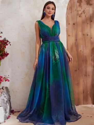 Plunging Neck Ombre Mesh Overlay Formal Dress - Rent / Multi s Stylord