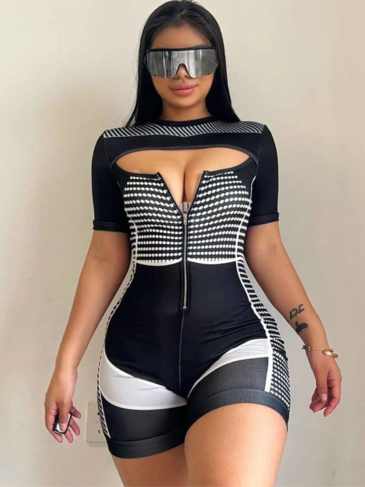 Polka Dot Stripe Print Hollow Zipper Romper Jumpsuit - Black / s Stylord