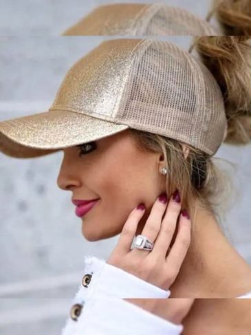 Ponytail Sequin Baseball Cap - Gold Stylord