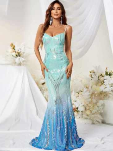 Print Mermaid Backless Sequin Formal Maxi Dress - Rent / Green s Stylord