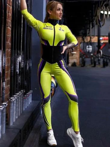 Printed High-neck Zipper Patchwork Sport Jumpsuit - Green / s Stylord