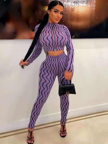 Printed Zipper Top High Waist Legging Casual Two Piece Set - Stylord