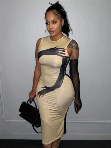 Printing Stretch Sleeveless O-neck Party Dress - Khaki / s Stylord