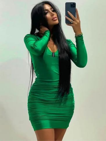 Pu Faux Leather Deep v Ruched Mini Dress - Green / s Stylord