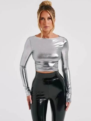 Pu Faux Leather O-neck Long Sleeve T-shirt - Stylord