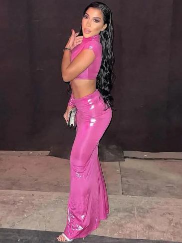 Pu Faux Leather One Shoulder Slim Crop Top Skirt Two Piece Set - Fuschia / s Stylord