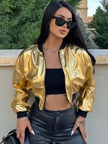 Pu Faux Leather Zipper Long Sleeve Gold Jacket - s Stylord