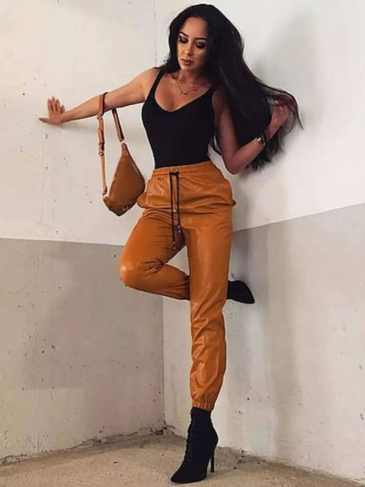 Pu Leather High Waist Elastic Pant - Stylord