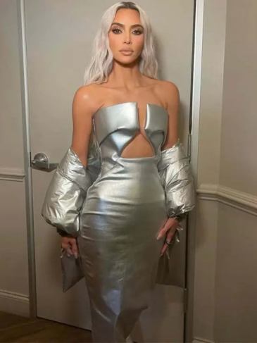 Pu Leather Hollow Out Strapless Kardashian Maxi Dress - Without Gloves Silver / s Stylord