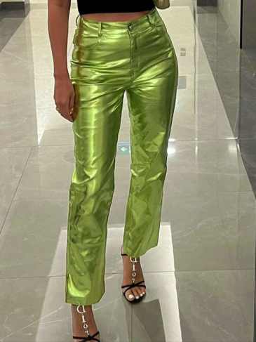 Pu Leather Pocket Zipper Loose Casual Trouser Pant - Green / s Stylord