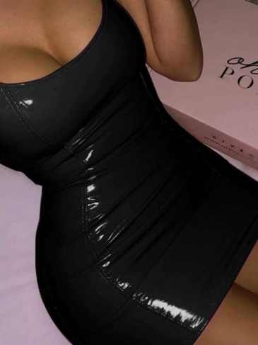 PU Leather Sleeveless Back Zipper Elastic Dress - STYLORD