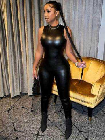 Pu Leather Sleeveless Turtleneck Zipper Jumpsuit - Black / s Stylord