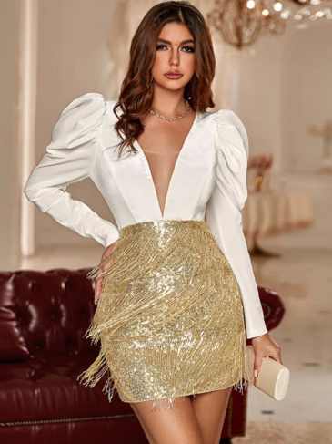 Puff Sleeves Elegant V-neck Mini Dress - White / s Stylord