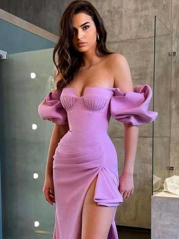 Purple Puff Sleeve Off Shoulder Slit Midi Dress - s Stylord