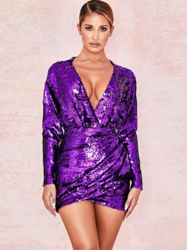 Purple Sequin Deep V-neck Evening Mini Dress - s Stylord