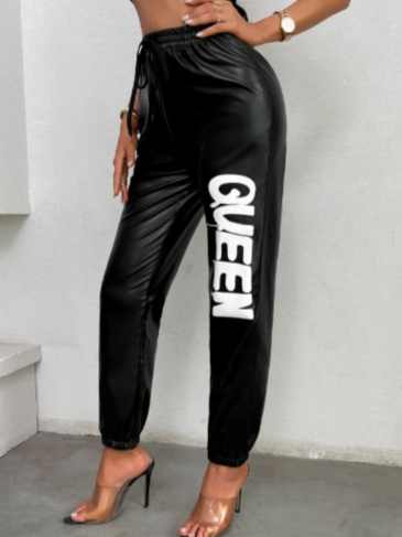 Queen Letter Graphic Drawstring Pu Pant - Black / s Stylord