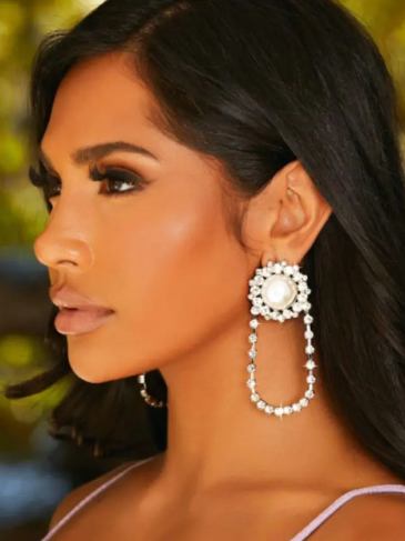 Rhinestone Decor Earrings - Silver Stylord