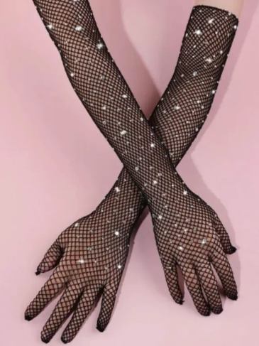 Rhinestone Decor Fishnet Gloves - Black / One Size Stylord