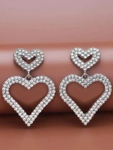 Rhinestone Decor Heart Charm Drop Earrings - Silver Stylord