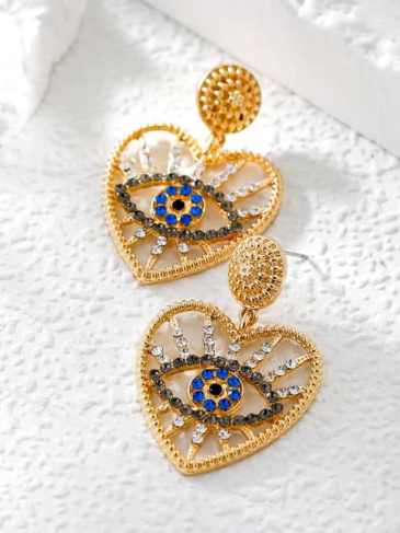 Rhinestone Evil Eye Heart Drop Earrings - Gold Stylord