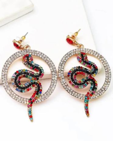 Rhinestone Snake & Circle Drop Earrings - Multi Stylord