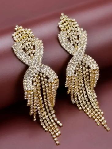 Rhinestone Tassel Decor Drop Earrings - Gold Stylord