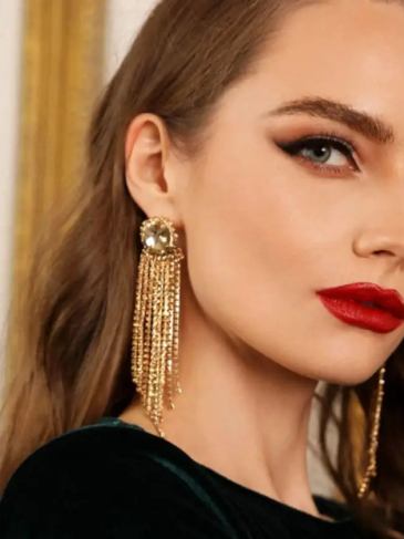 Rhinestone Tassel Decor Drop Earrings - Gold Stylord