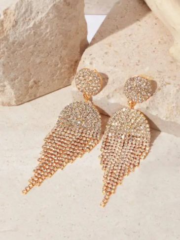 Rhinestone Tassel Drop Earrings - Gold Stylord