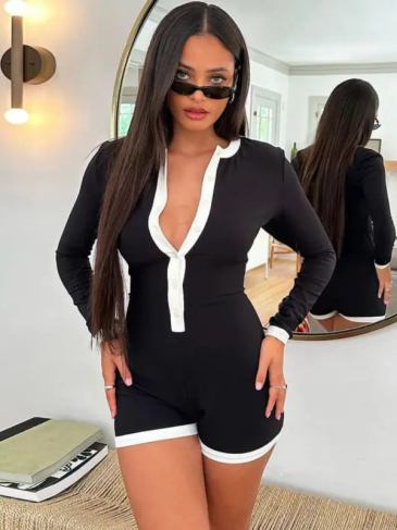 Rib Knit Button Long Sleeve O-neck Romper Jumpsuit - Black / s Stylord