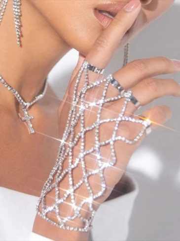 Ring Charm Finger Mesh Linked Luxury Bracelet - Silver Stylord