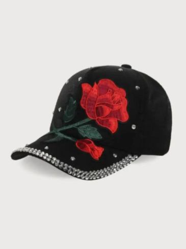 Rivet Decor Floral Embroidery Baseball Hat - Black Stylord