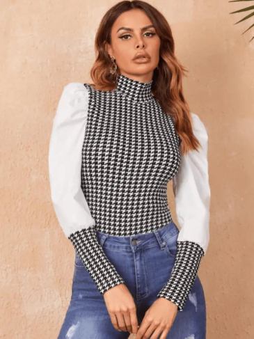 Round Neck Houndstooth Print Top - White / s Stylord