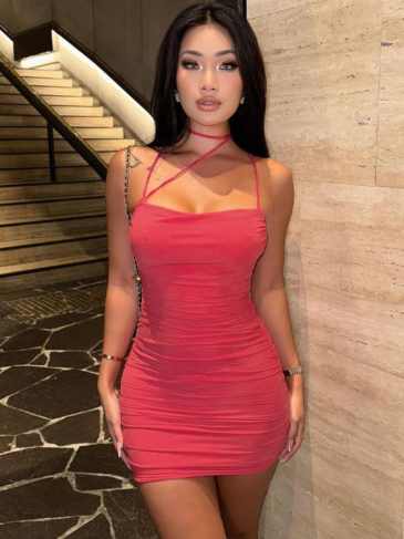 Ruched Sexy Backless Sleeveless Mini Dress - Red / s Stylord