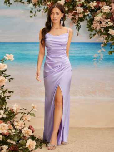 Ruched Split Thigh Bridesmaid Dress - Purple / s Stylord