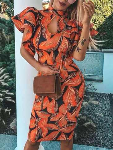 Ruffle Sleeve Leaf Print Dress - Orange / m Stylord