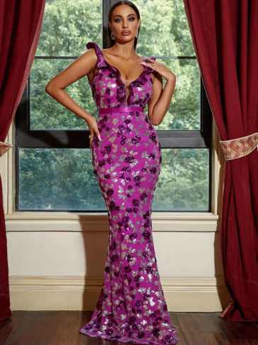 Ruffle Trim Floral Sequin V-neck Formal Maxi Dress - Rent / Purple m Stylord