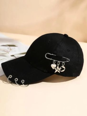 Safety Pin & Ring Decor Baseball Hat - Black Stylord